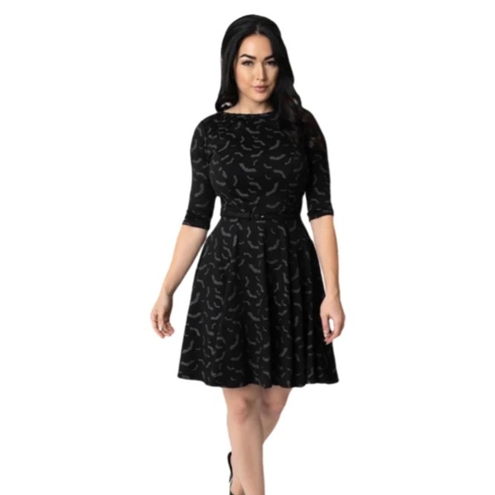 Unique Vintage Black & Grey Bats Print Stephanie Fit & Flare Dress - 2X/18